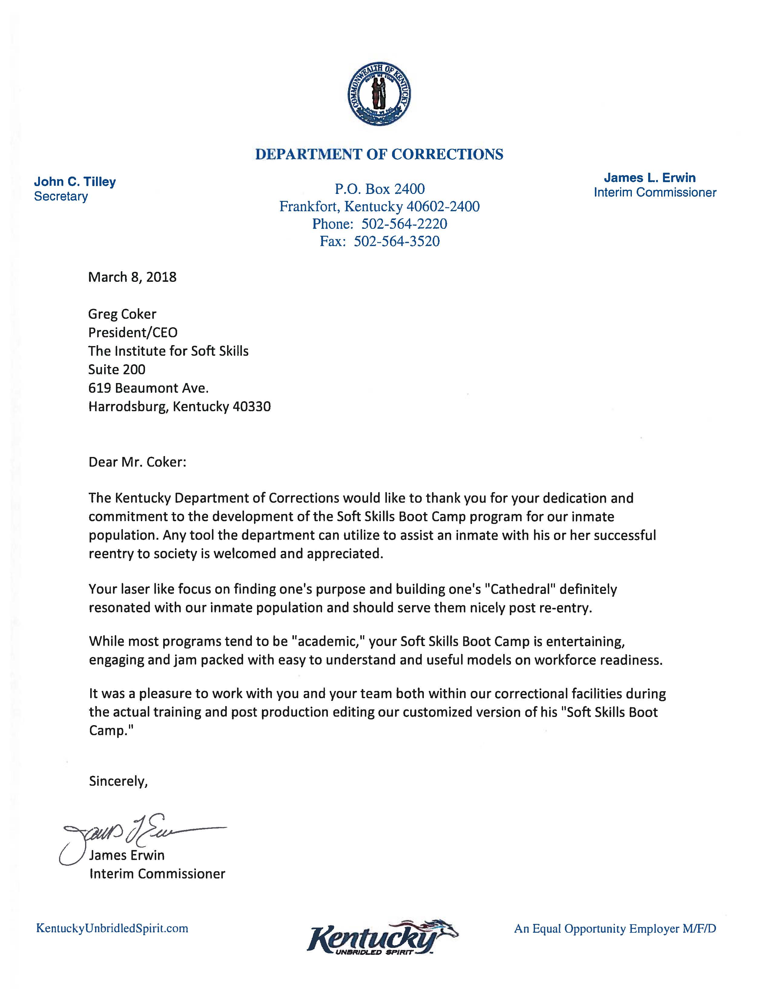 Commissioner Erwin Letter